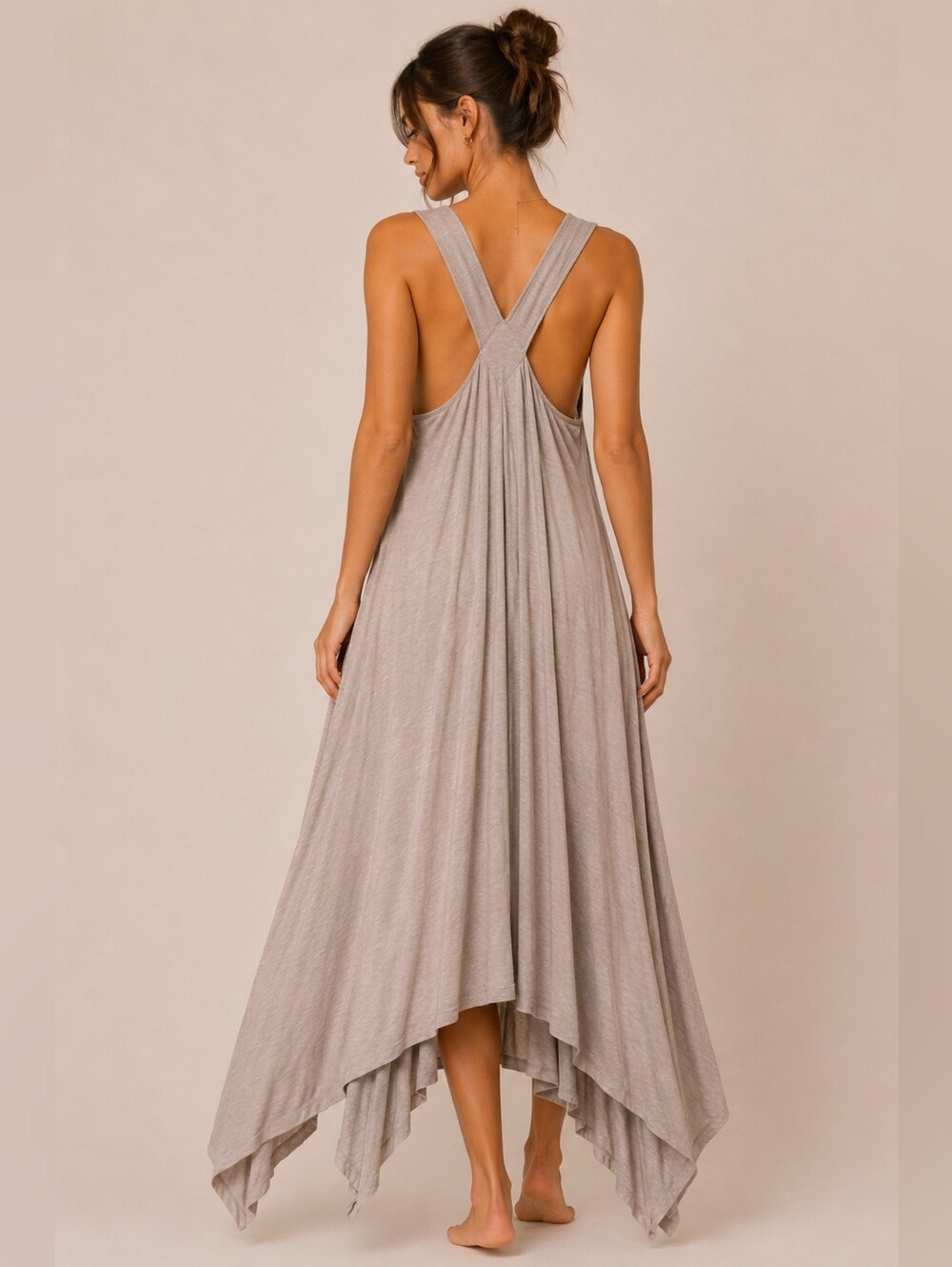 Free People Beach Taupe Handkerchief Hem Maxi Dress L Boho Oversized Made USA - Picture 2 of 7